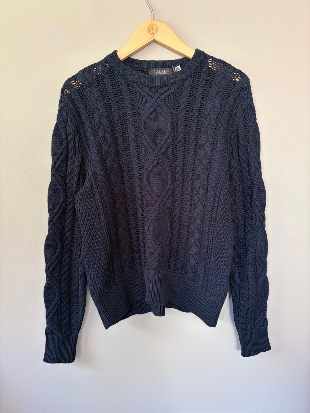 Ralph Lauren Fisherman Cable Knit Crewneck Pullover Sweater Navy Blue Medium